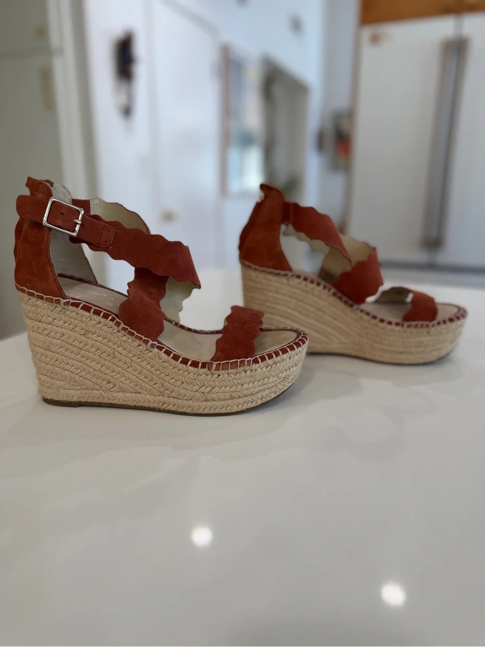 Marc Fisher Rust Suede Scalloped Espadrille Wedges